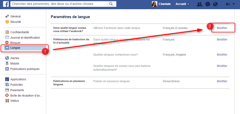 Capture d'écran - Paramètres de langue de Facebook